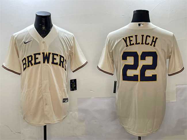 Men%27s Milwaukee Brewers #22 Christian Yelich Cream Cool Base Stitched Jersey